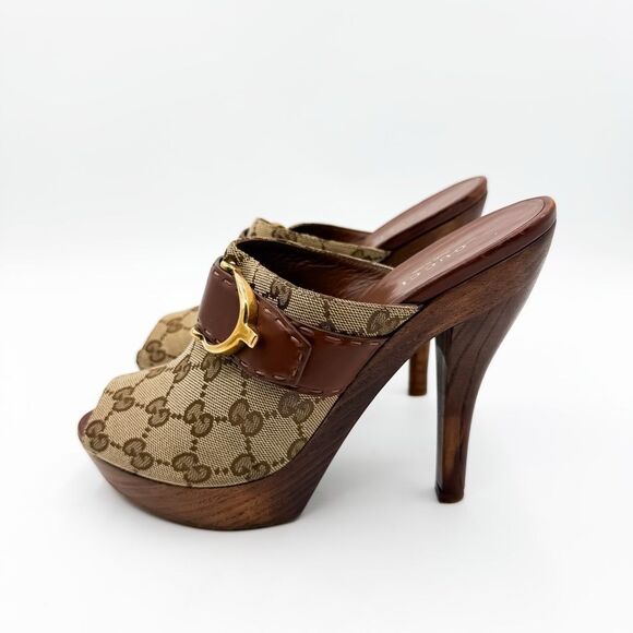 Gucci GG Canvas Horsebit Clogs Supreme Tan Wooden Mules EU 38 US 8 - Picture 4 of 5